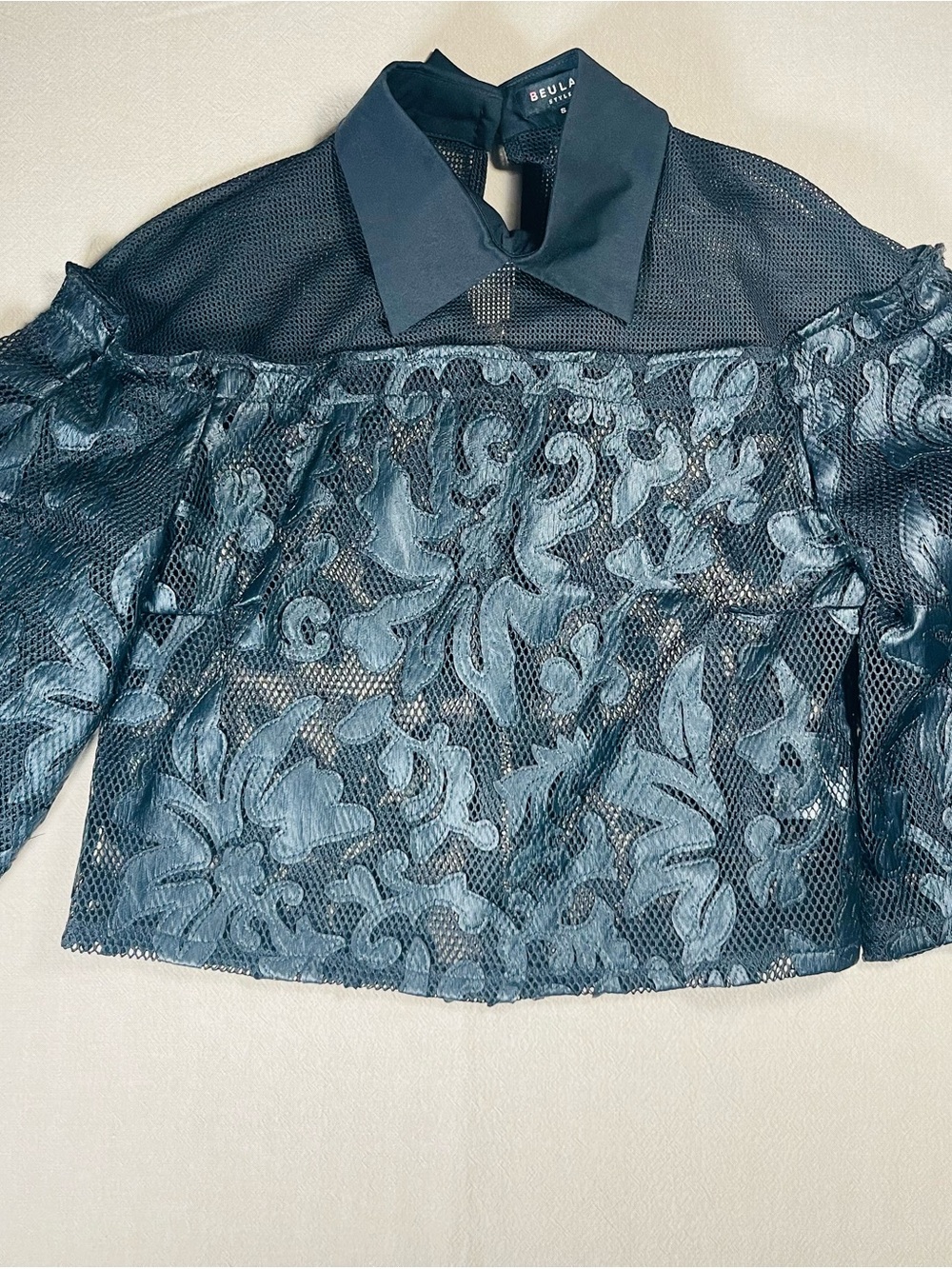 Beulah Black Floral Lace Mesh Collared Blouse Jacket with Pleather